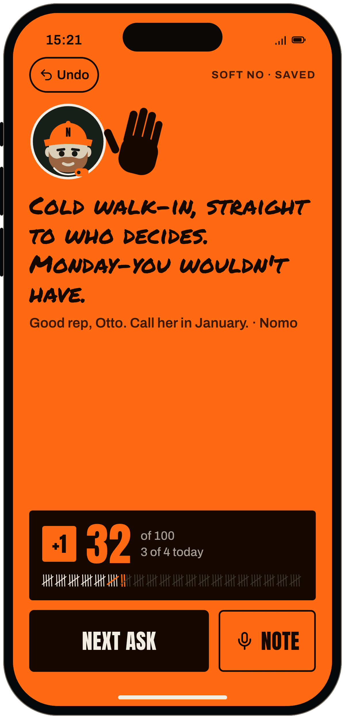 Celebration: orange screen, Nomo's high-five, his line about the ask, and 32 of 100.