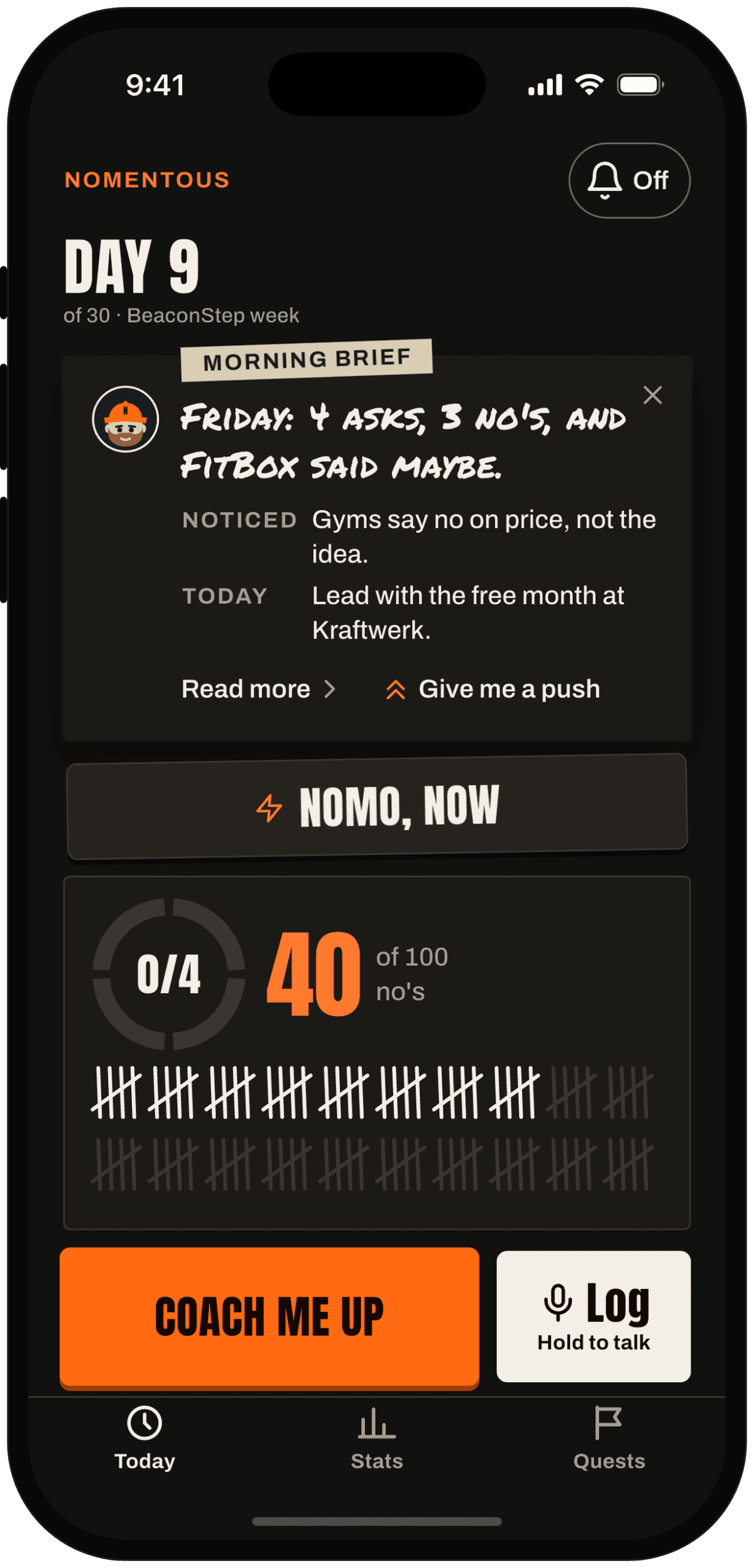 Today screen in the morning: Nomo's brief in three short lines, with Read more and Give me a push.