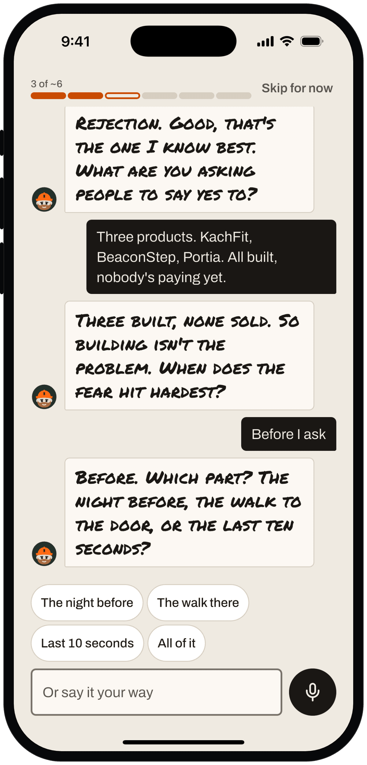Calibration chat: Nomo asks a question and quick-reply chips sit under the thumb.