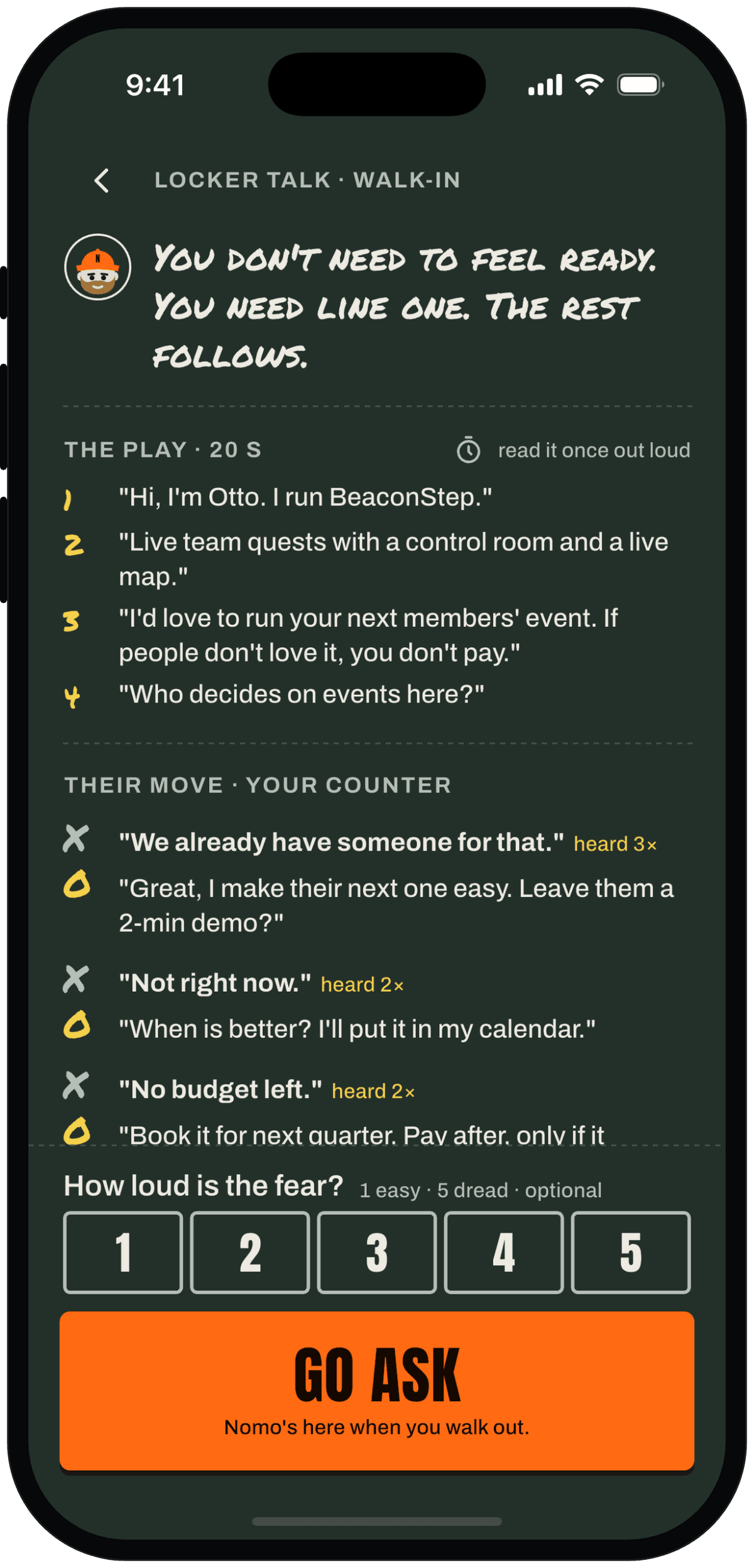 Locker talk screen: Nomo's push, the play in four lines and counters to common objections.