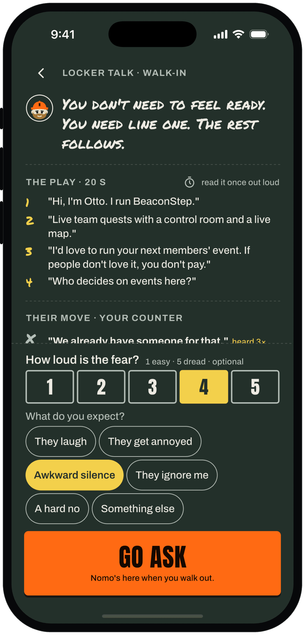 Fear check before an ask: a 1 to 5 scale set to 4, and Awkward silence picked as the expectation.