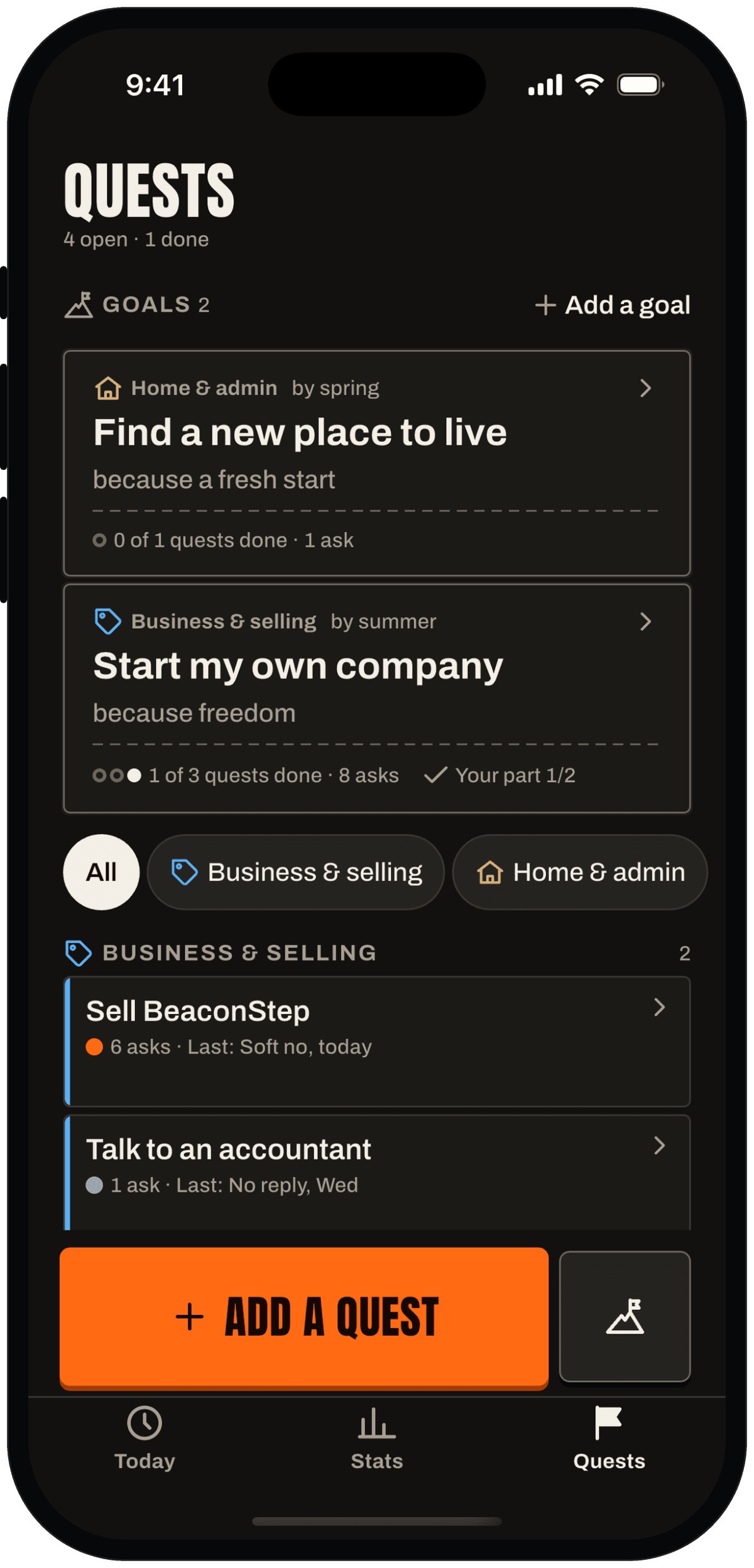 Quests tab: two goals at the top, each with its quests and progress underneath.
