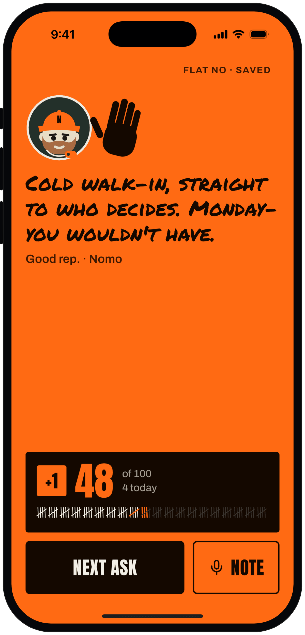 Celebration screen: orange, Nomo's high-five, his line about the ask, and the score going up by one.