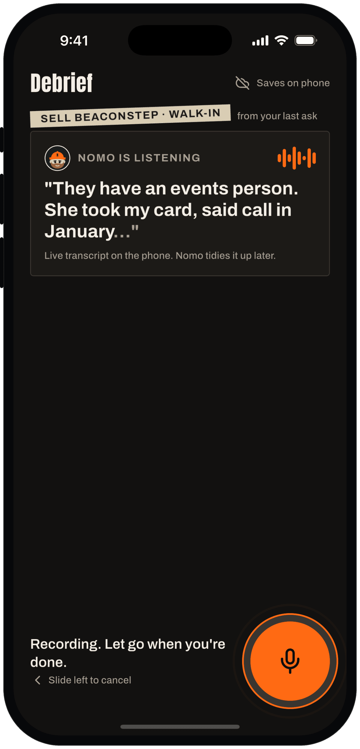 Log screen while holding the button: live words appear as Otto speaks, with a recording ring around the button.