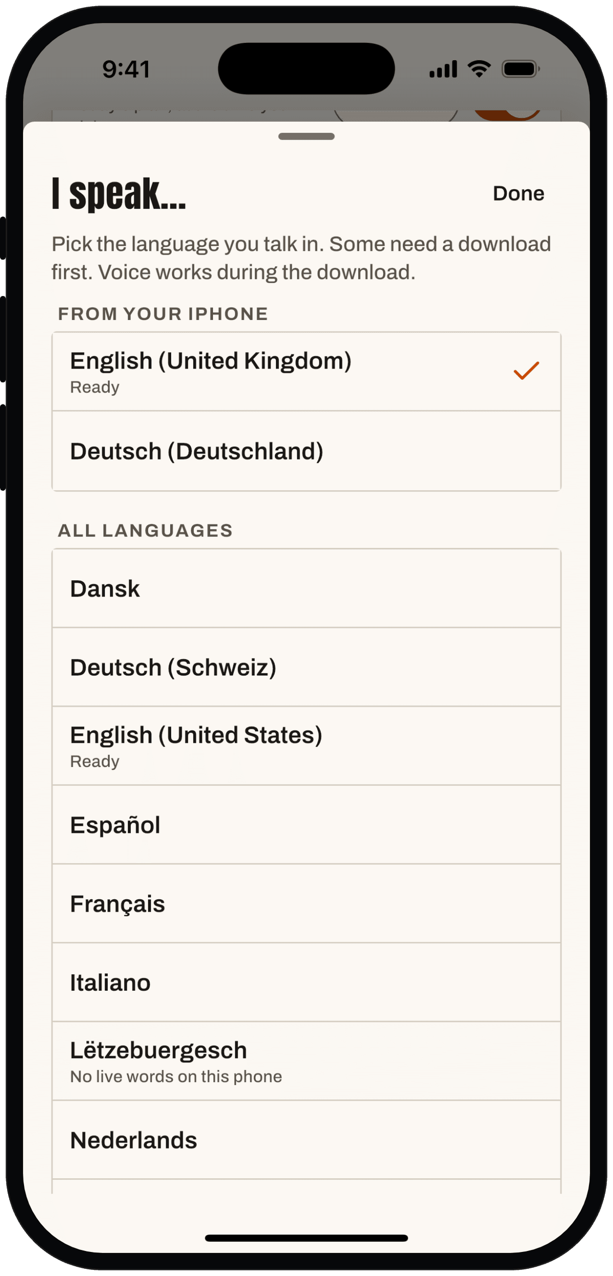 The I speak language list in Settings, with English, Deutsch, Español and more.