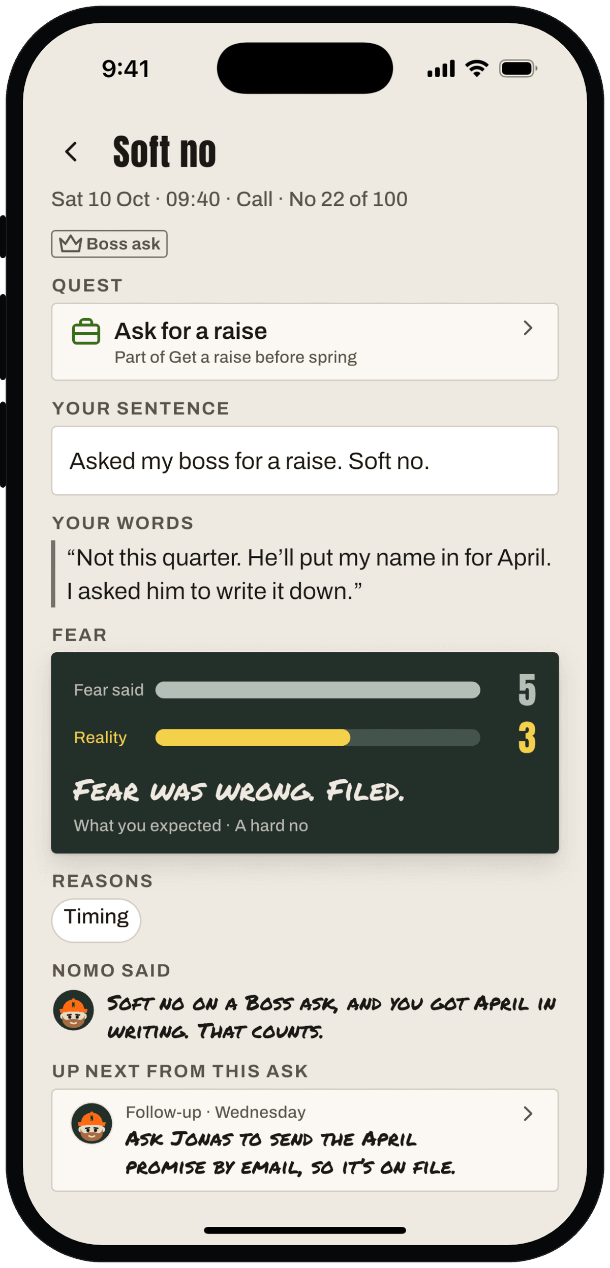Ask detail: number of 100, what was asked, the answer, the fear level and Up next.