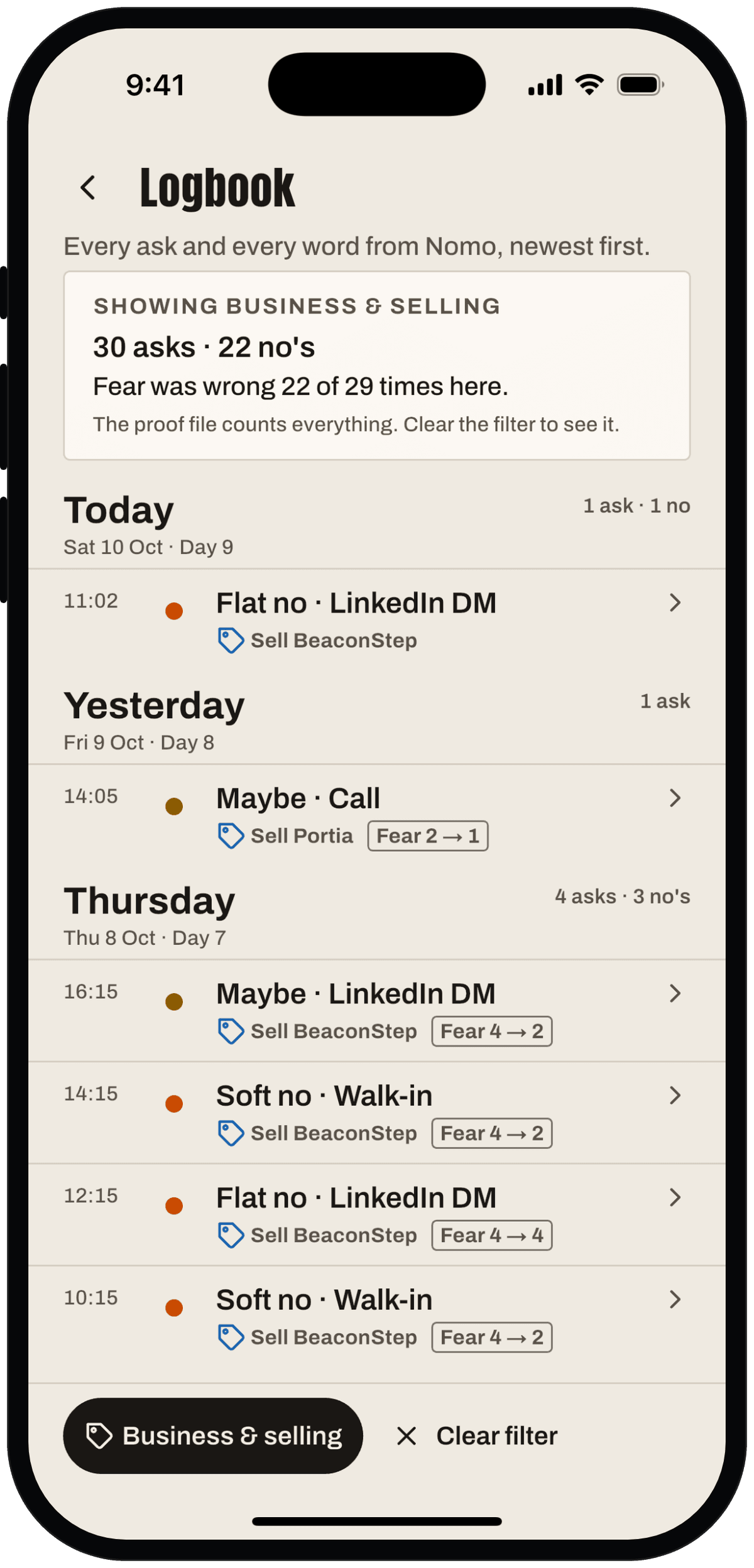 Logbook filtered to one area, with the filter dock at the bottom.