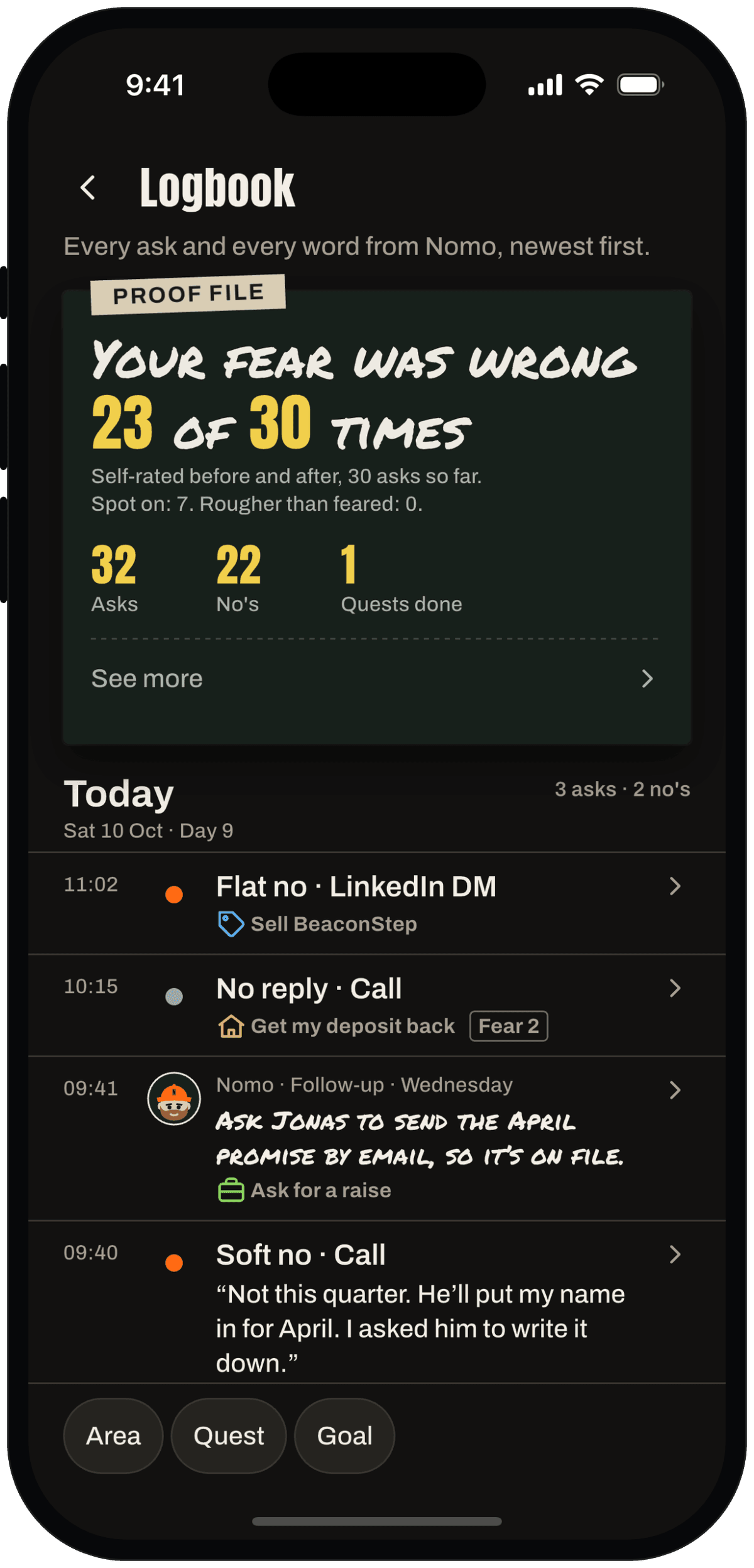Logbook: a short proof header, then today's asks, a quest done and a badge, grouped by day.