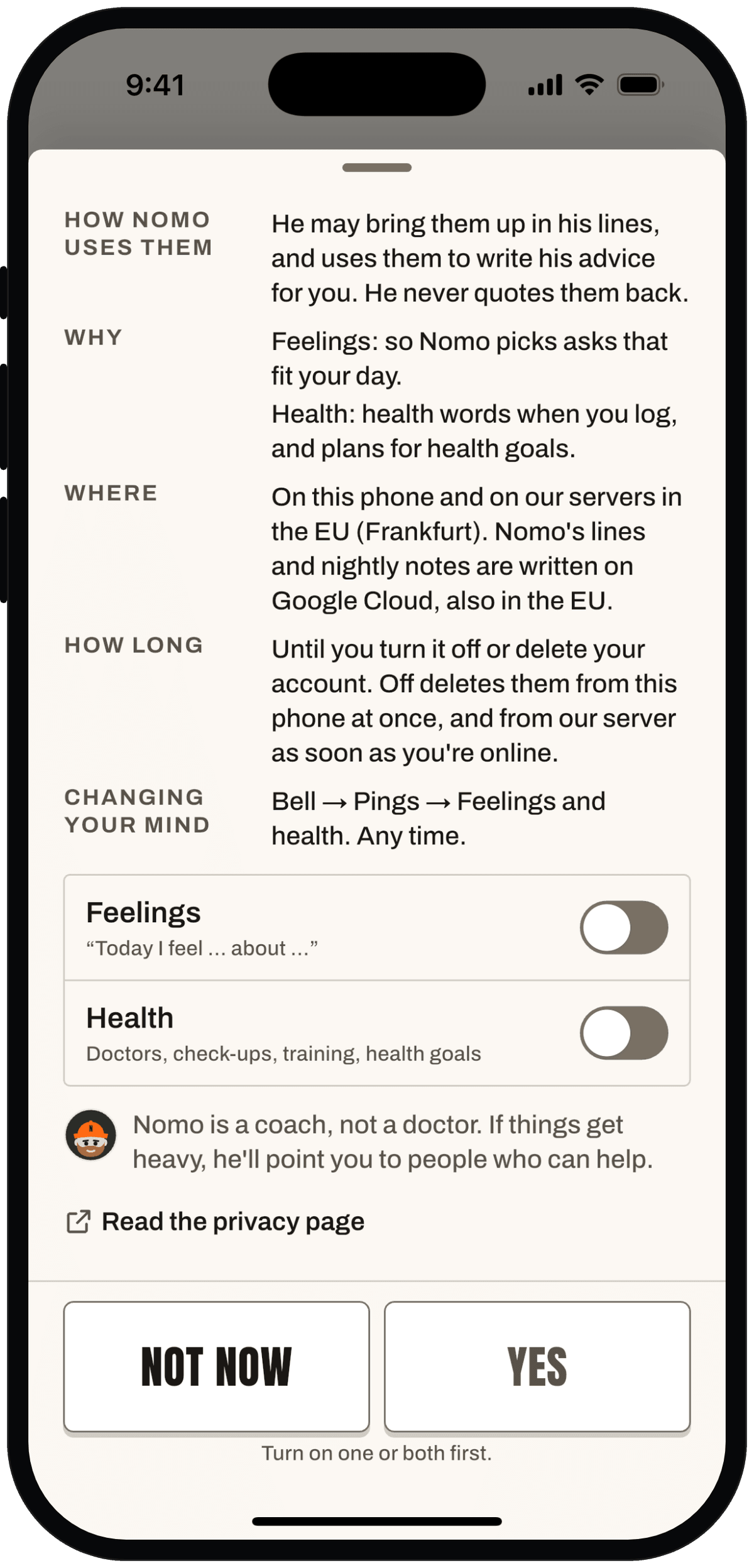 Consent sheet with two switches, feelings and health words, both off.