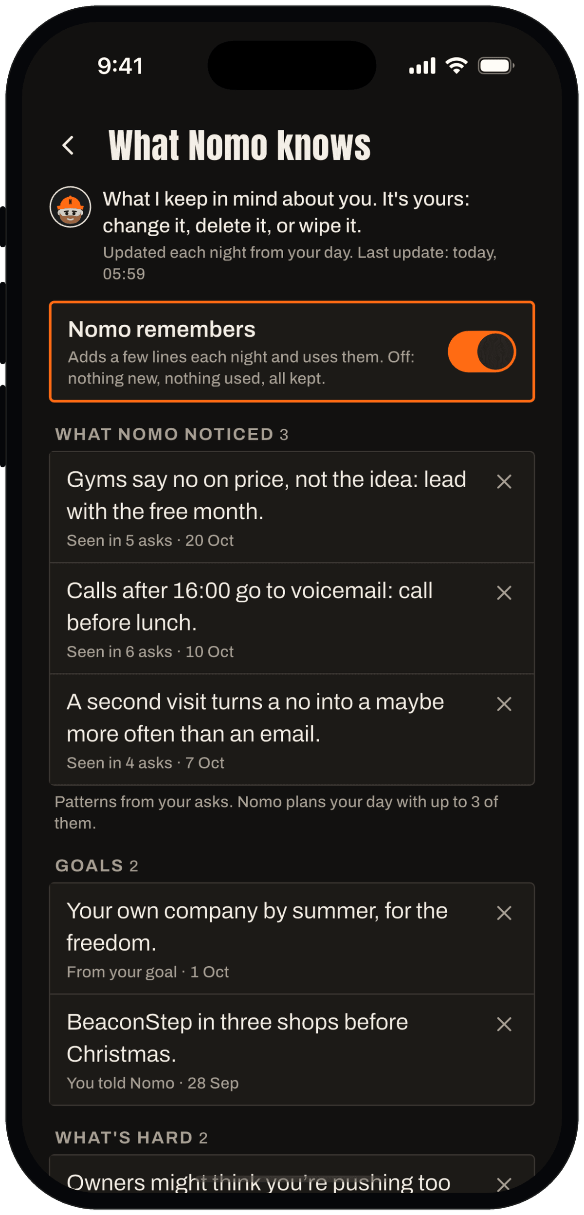 What Nomo knows about you: short lines grouped by kind, each with where it came from.