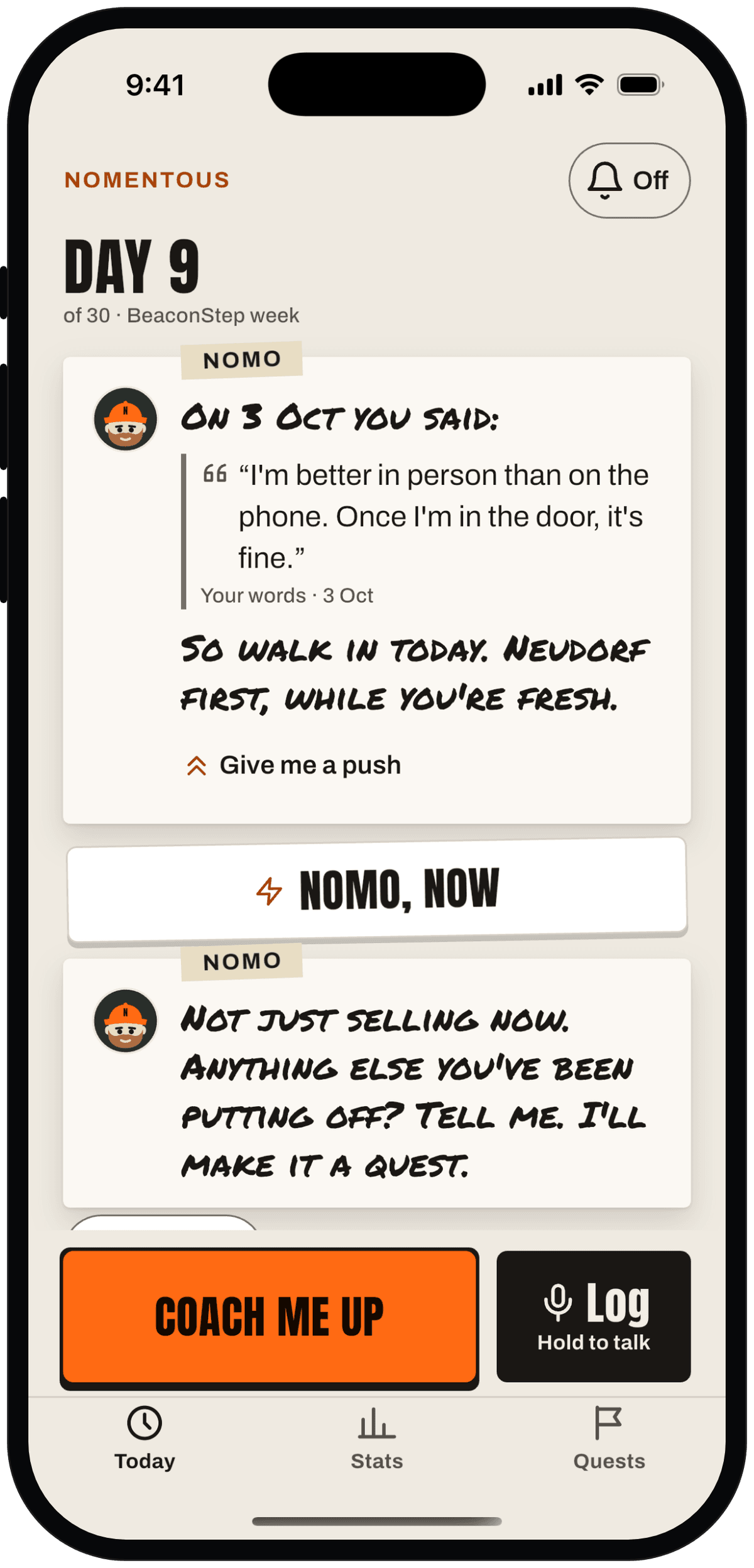 Today screen with a short line from Nomo that quotes something Otto said earlier.