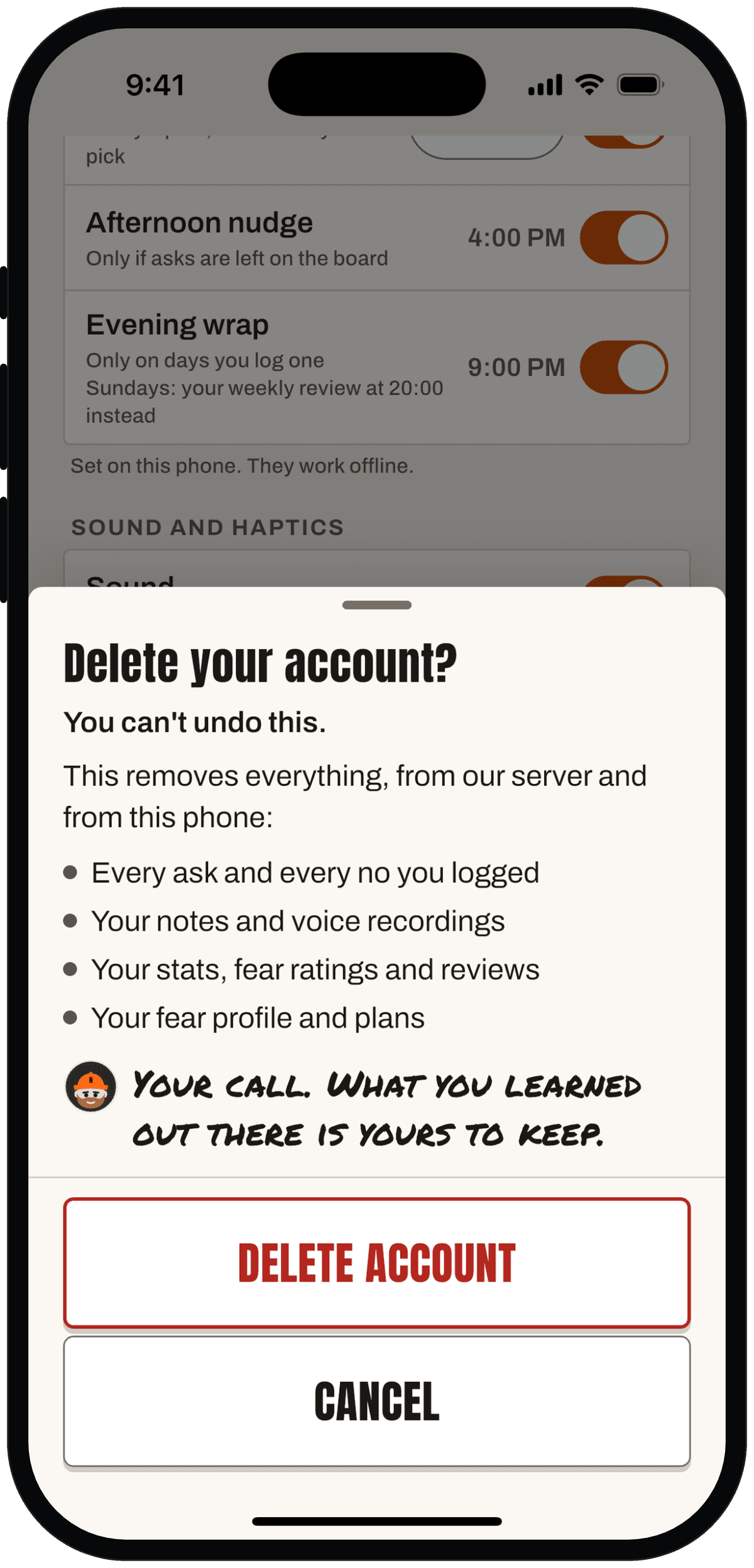 Delete your account sheet: every ask, note, recording, stat and plan that gets removed, and a Delete account button.