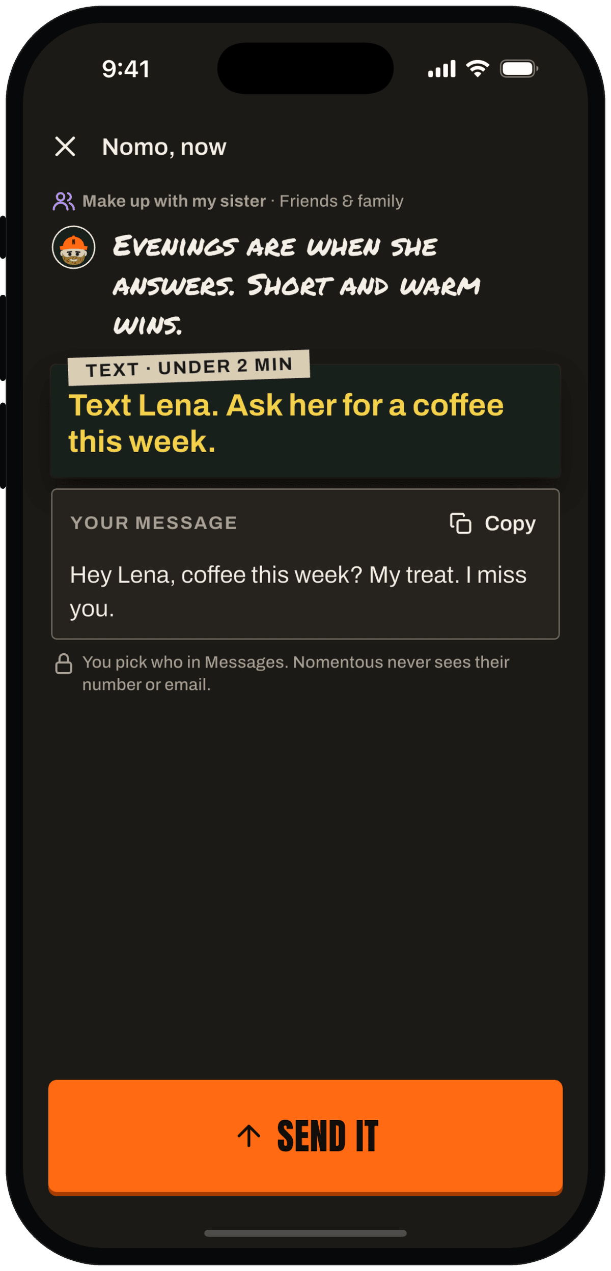 Nomo, now card with the line: You pick who in Messages. Nomentous never sees their number or email.