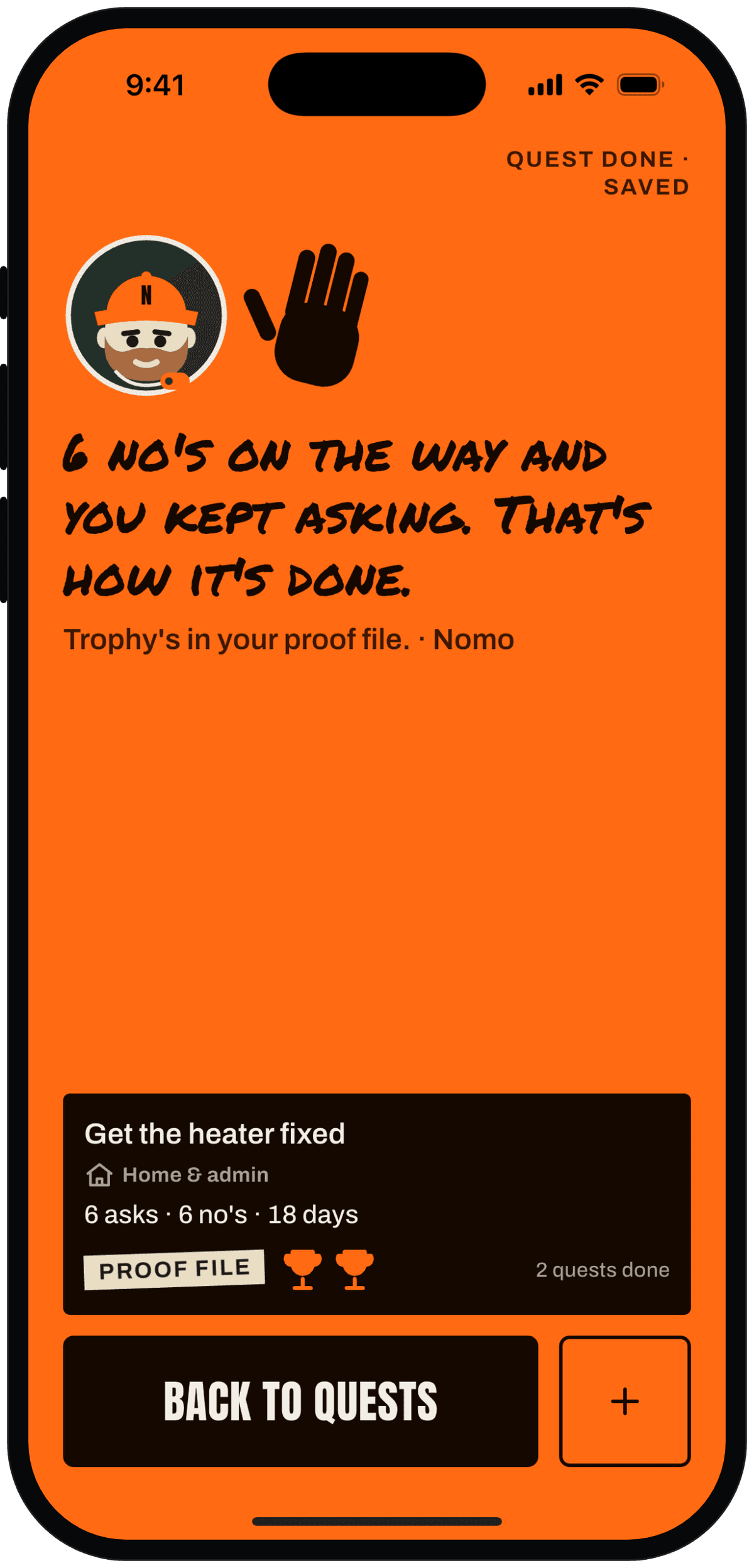 Quest done celebration with a trophy and Nomo's line.