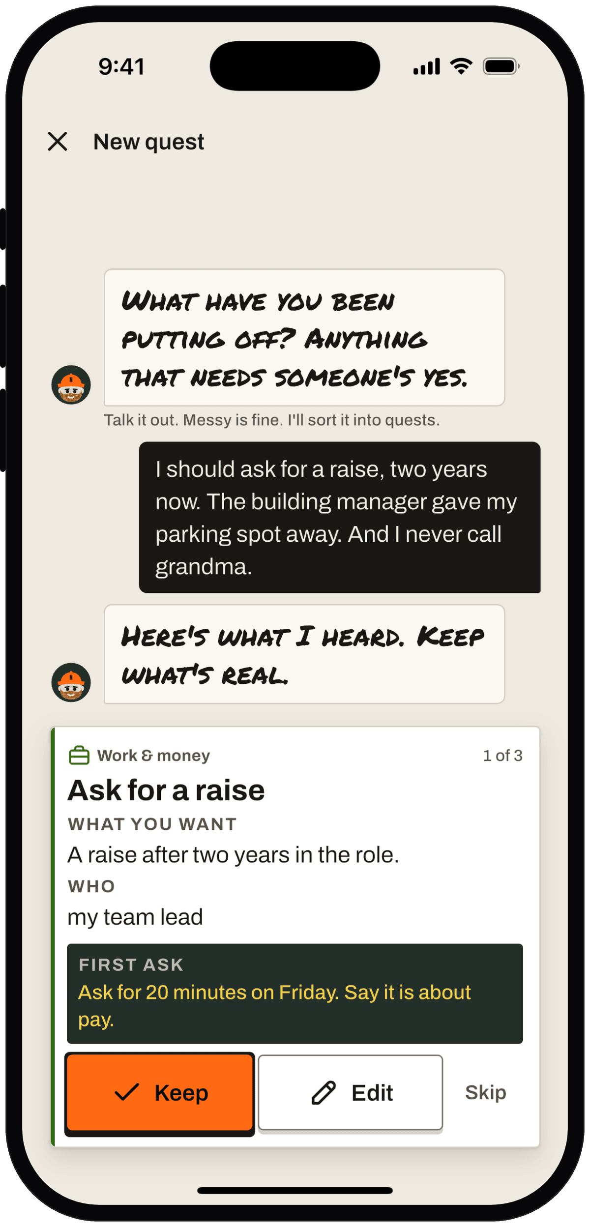 Add a quest: Nomo's draft with an area, what you want, who, and a first ask. Keep, Edit and Skip buttons.