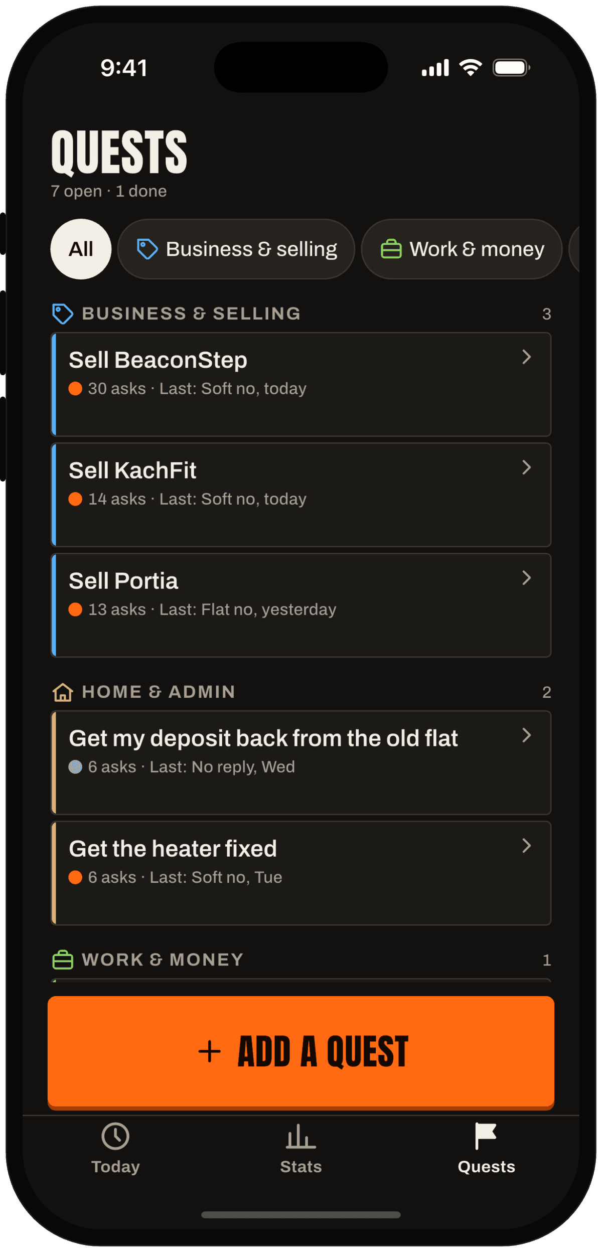 Quests tab: open quests grouped by life area, with the asks so far and the last outcome.