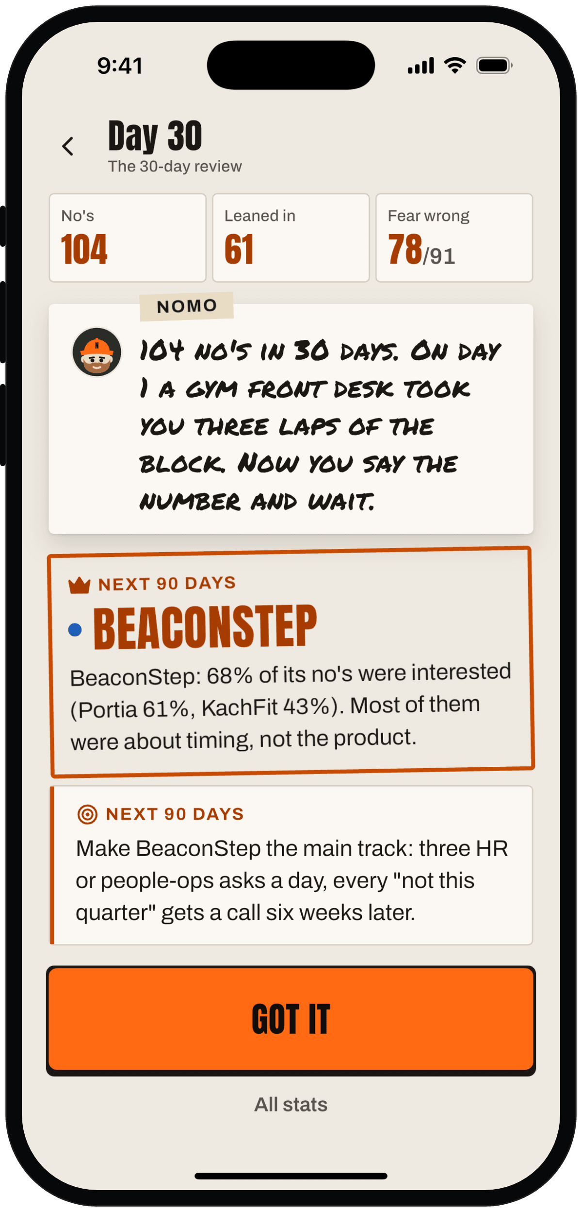 Day 30 review: total no's in 30 days, fear wrong count, and Nomo's pick for the next 90 days.