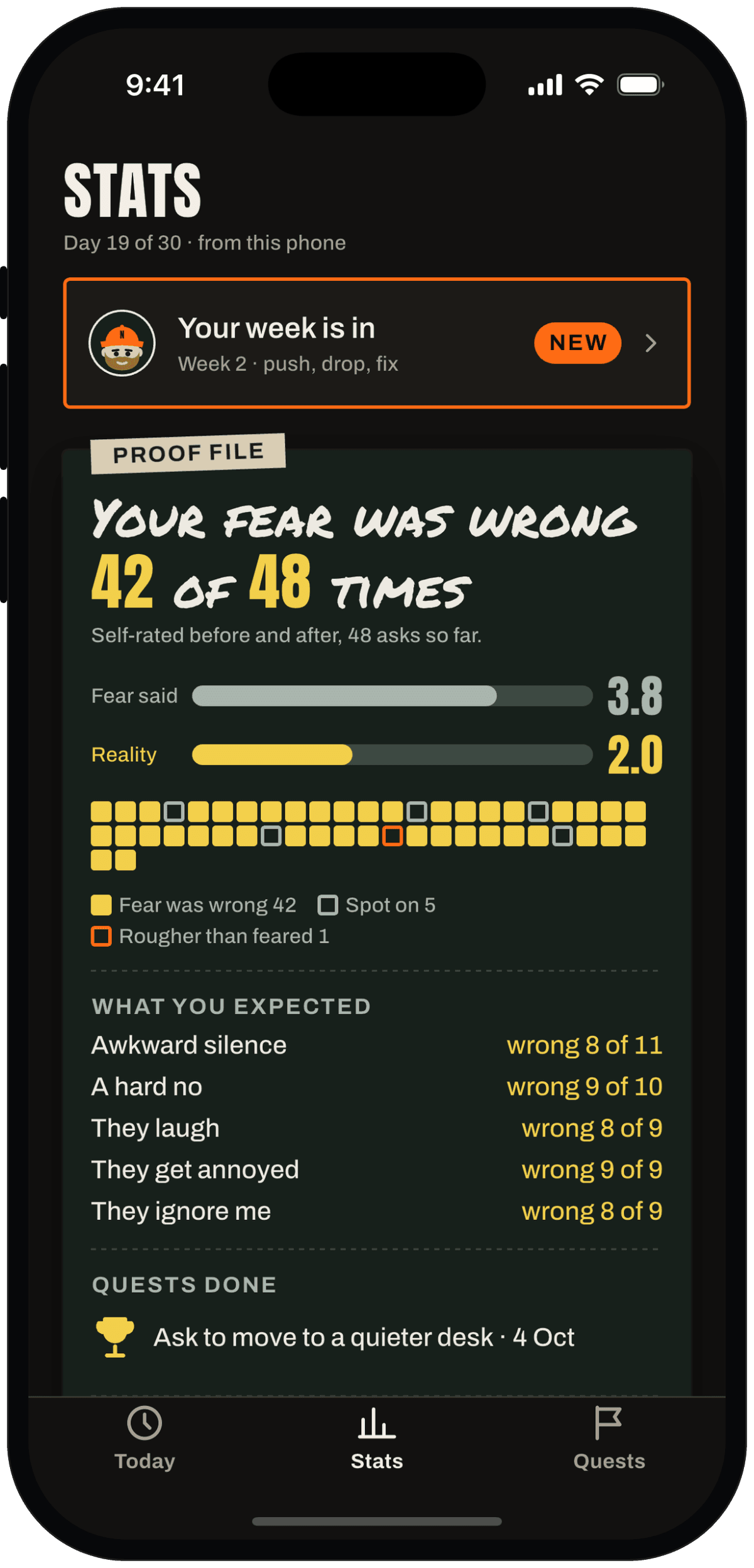 Stats tab: a new weekly review card on top, then the proof file and progress toward 100.