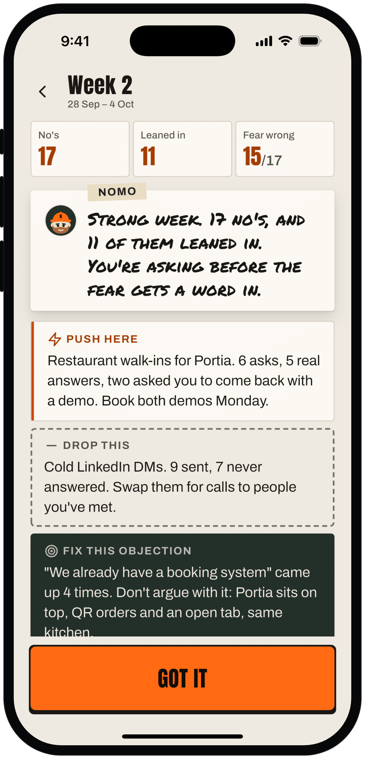 Weekly review: three numbers, Nomo's summary, and cards for push here, drop this and fix this objection.